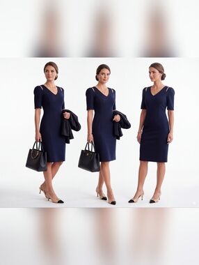 NWT St. John Navy Wool Blend Cold Shoulder Sheath Dress